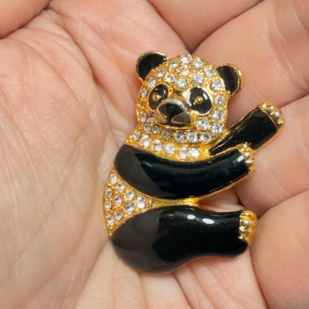 Panda Bear Brooch Rhinestone Enamel Gold Tone Cute Panda Pin 1.5 inches